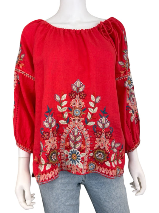 Johnny Was Red 100% Linen Embroidered Tunic Size S