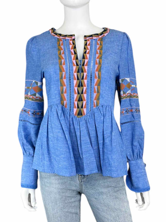 A Loves A Blue Linen Embroidered Blouse Size XS