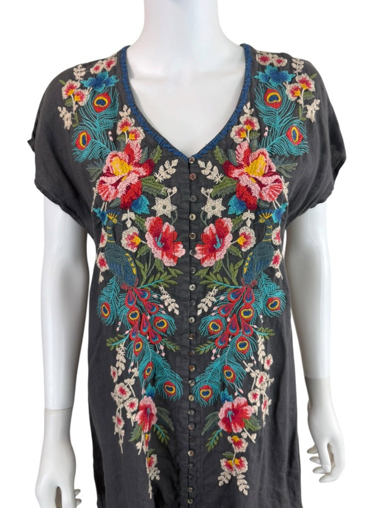 Johnny Was Charcoal 100% Linen Embroidered Dress Size M