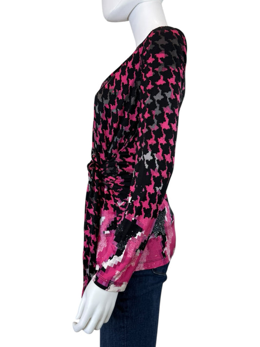 ETCETERA Pink Houndstooth 100% Silk Wrap Blouse Size M