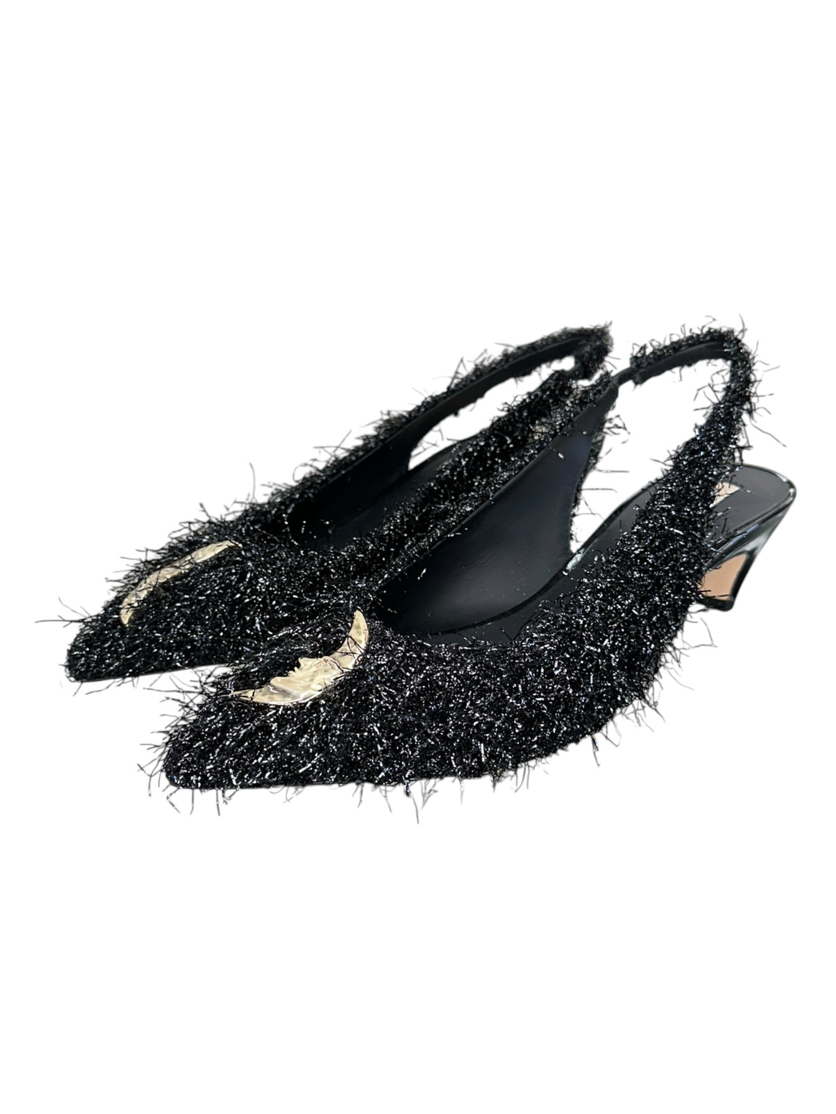 ELIZABETH DAMRICH x ANTONIO MELANI NEW Black Moon Boucle Ornamented Frayed Slingback Size 7