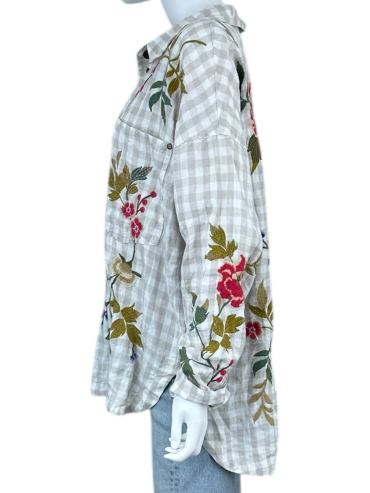 Johnny Was WORKSHOP 100% Linen Adele Gingham Check Button-Down Shirt Size L