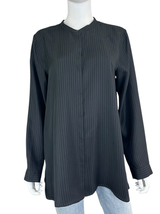 EILEEN FISHER 100% Silk Black Striped Button-Down Size M