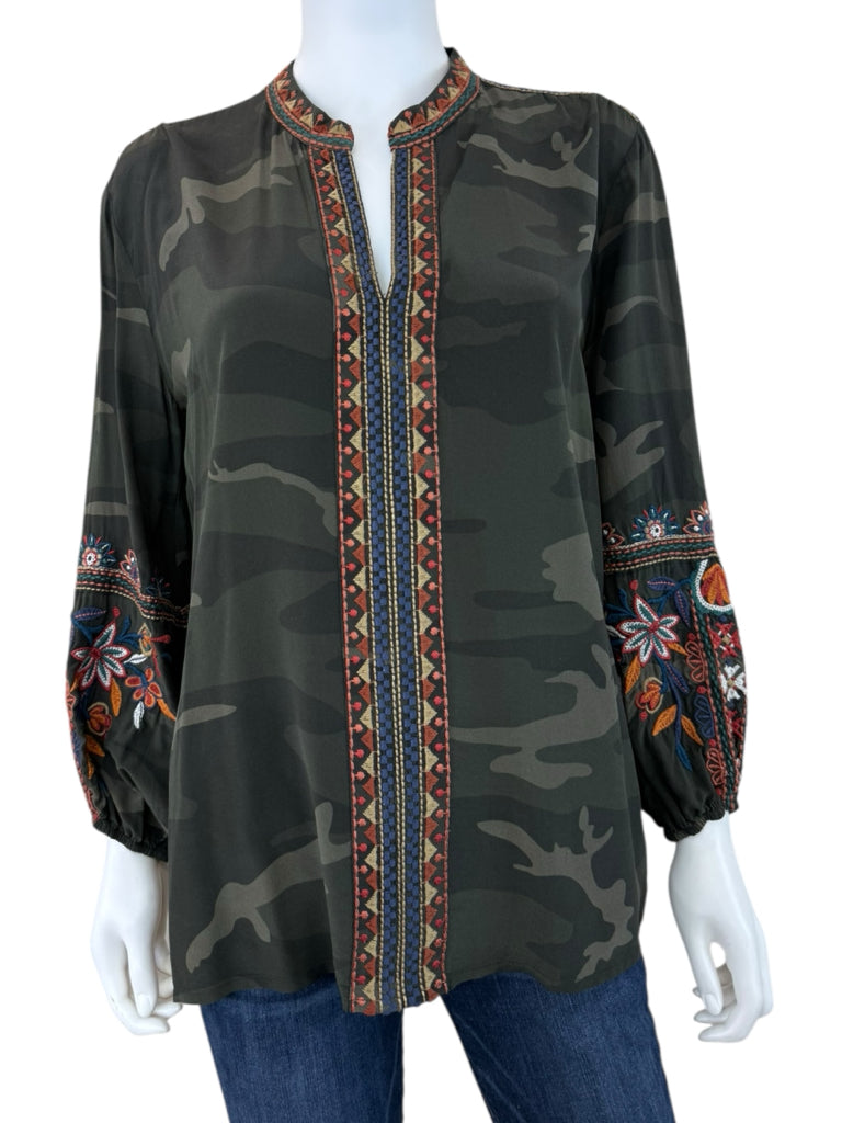 Johnny Was 100% Silk Green Camo Laila Paris Blouse Size S