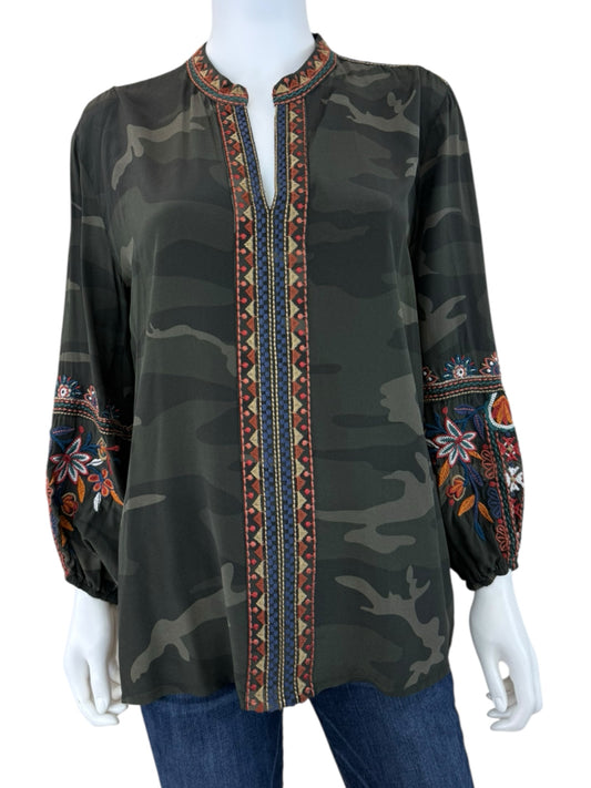 Johnny Was 100% Silk Green Camo Laila Paris Blouse Size S