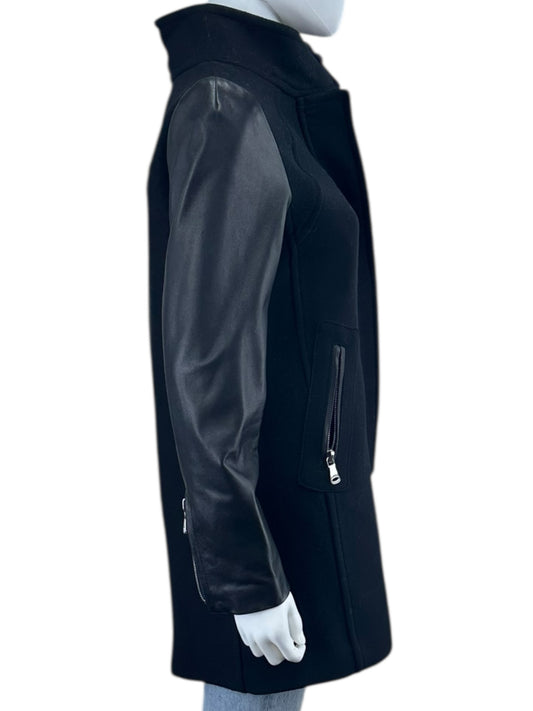 MILLY Black Wool & Leather Coat Size 6