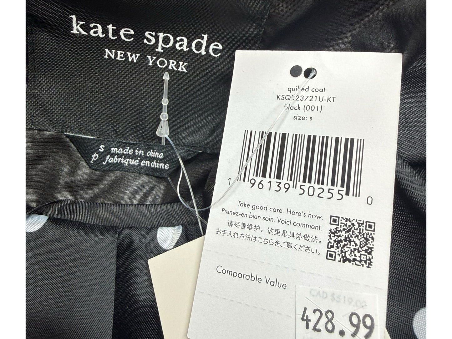 Kate Spade NWT Black Quilted Coat Size S