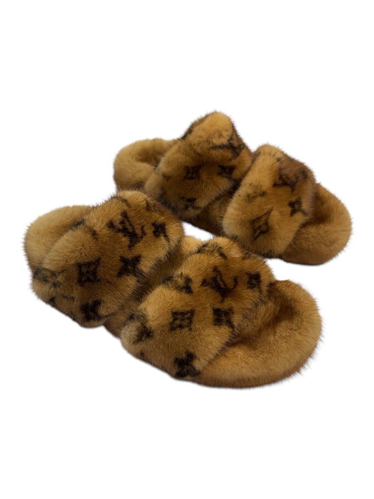 Louis Vuitton Cognac Bom Dia Mink Slides Size 37