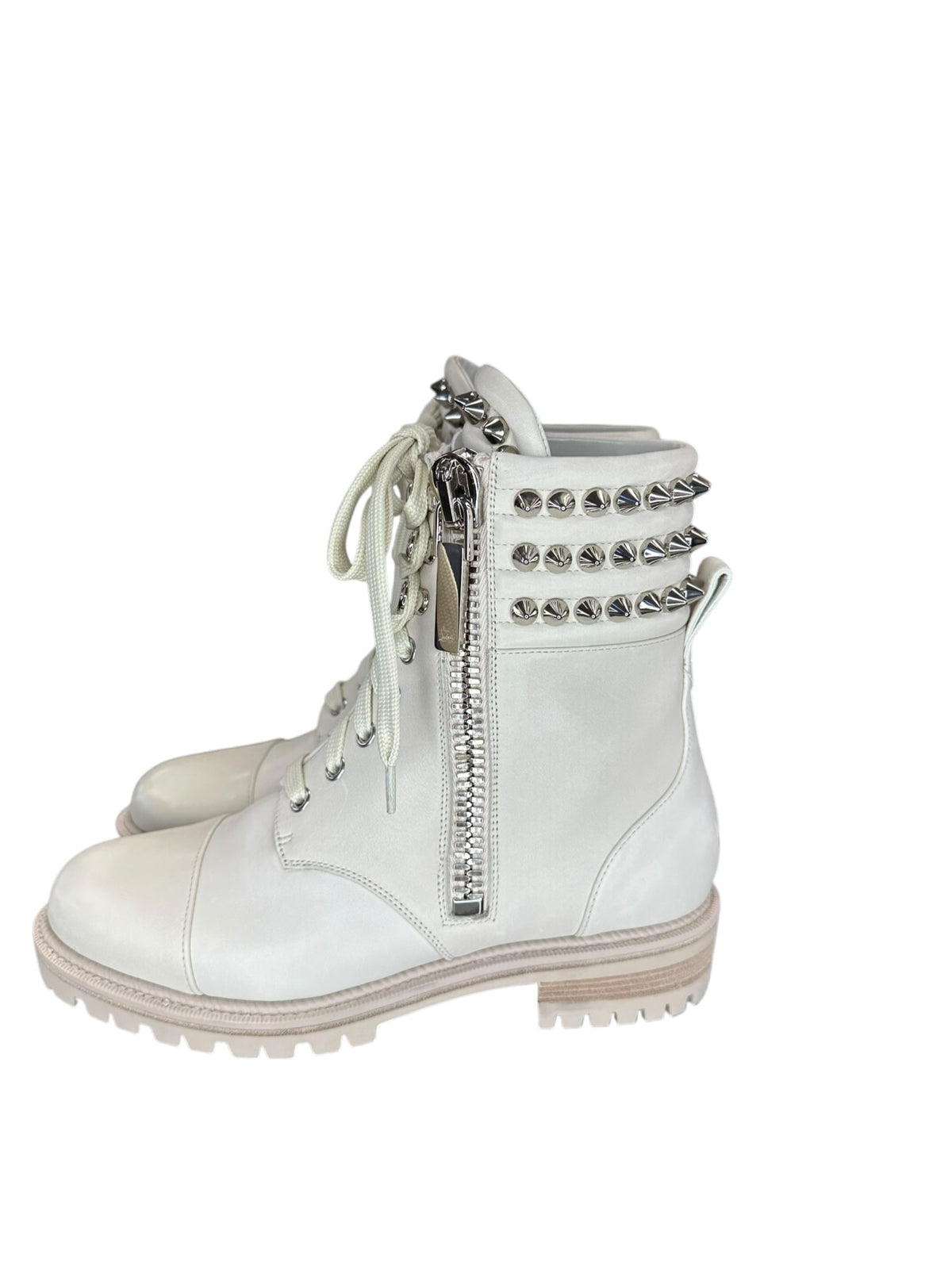 Christian Louboutin Cream Winter Spikes Flat Combat Boots Size 37.5