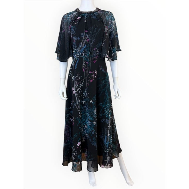 Teri Jon by Rickie Freeman NWT Black Floral Chiffon Capelet Dress Size 4