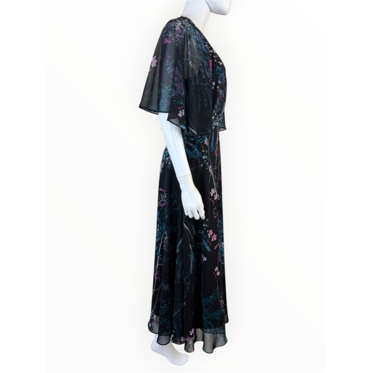 Teri Jon by Rickie Freeman NWT Black Floral Chiffon Capelet Dress Size 4