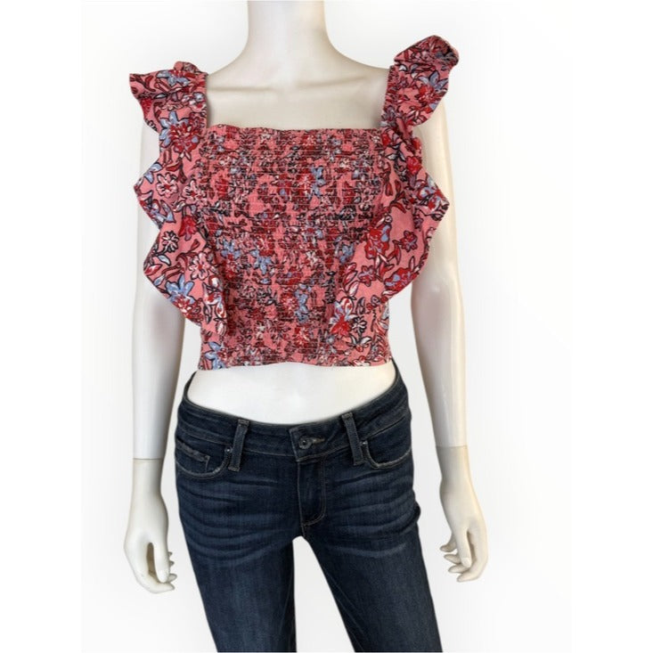 French Connection 100% Cotton Fontini Rhodes Floral Smocked Ruffle Crop Top Size XS