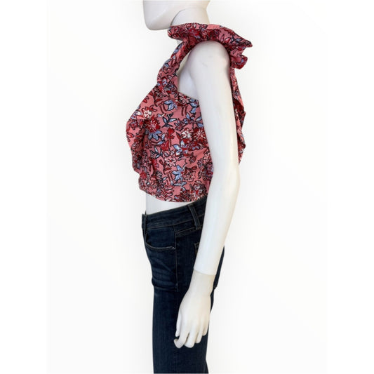 French Connection 100% Cotton Fontini Rhodes Floral Smocked Ruffle Crop Top Size XS
