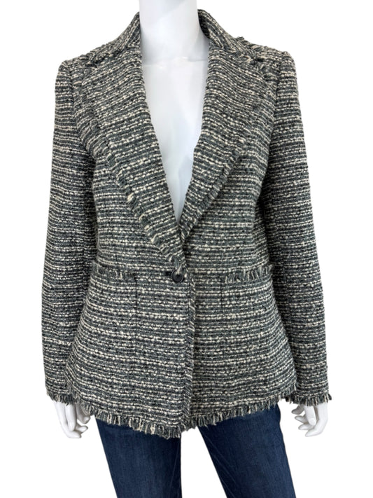 DKNY Blue Fringe Trim Tweed Blazer Size 10