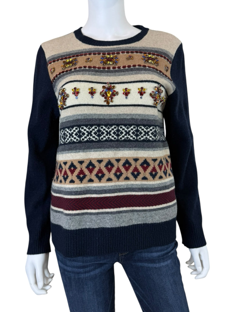 J. Crew Navy Jeweled Fair Isle Wool Sweater Size L