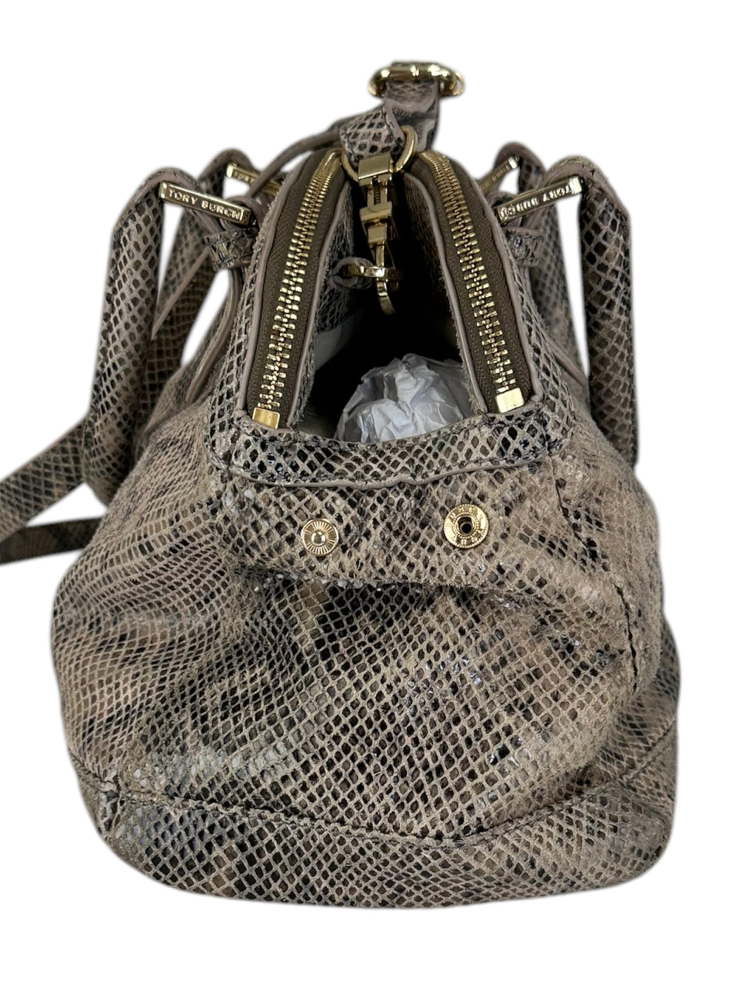 Tory Burch Brown Suede Snake Print Satchel Handbag