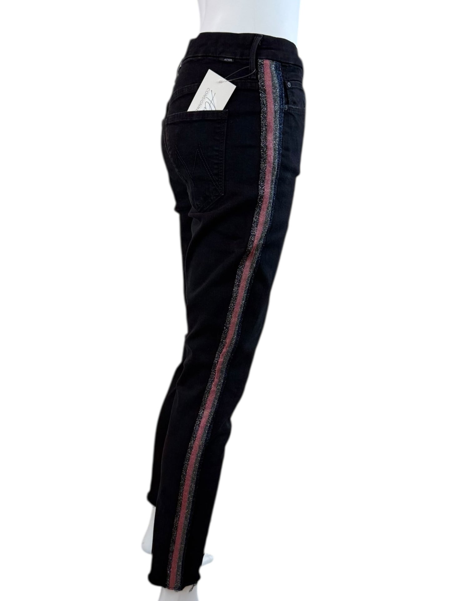 MOTHER Black High Waisted Looker Ankle Fray "Guilty Glitter Racer" Jeans Size 29