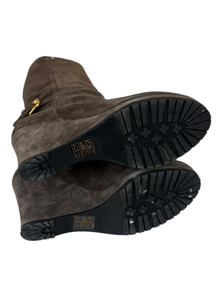 PRADA Brown Suede Wedge Knee Boots Size 7