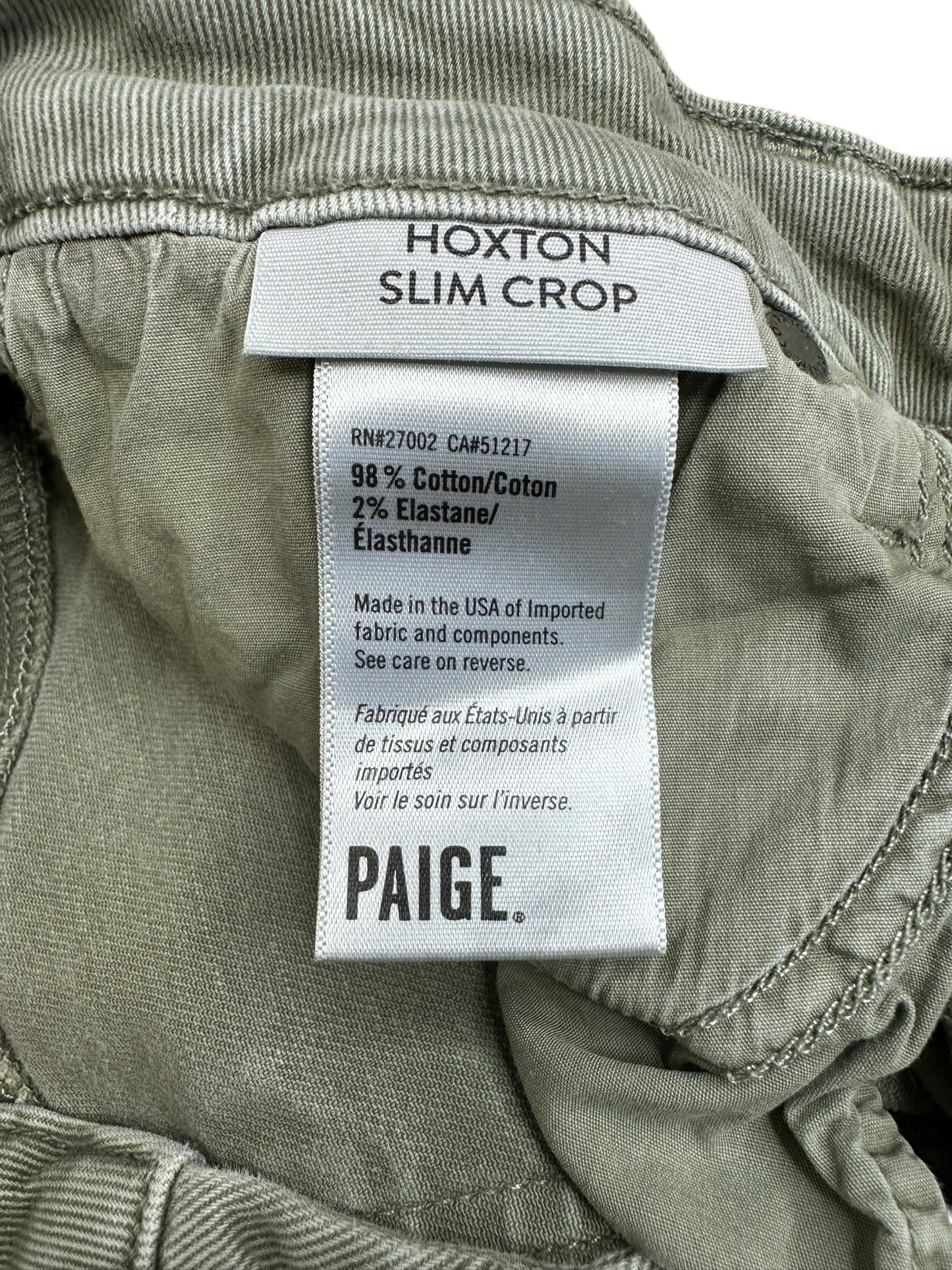 PAIGE Army Green Hoxton Slim Crop Jeans Size 27