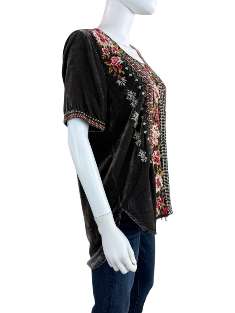Johnny Was Gray Velvet Floral Embroidered Blouse Size S
