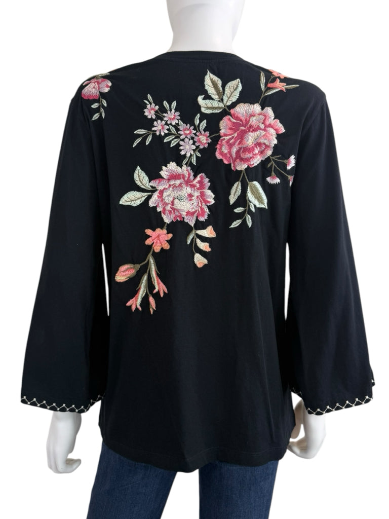 Johnny Was Black Embroidered Vienna Kimono Sleeve Tee Size M