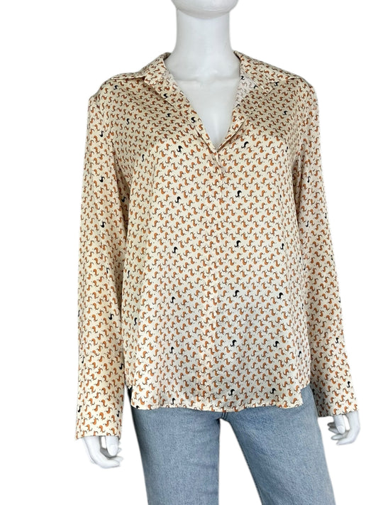 catherine gee Cream Patterned Button Down 100% Silk Size S