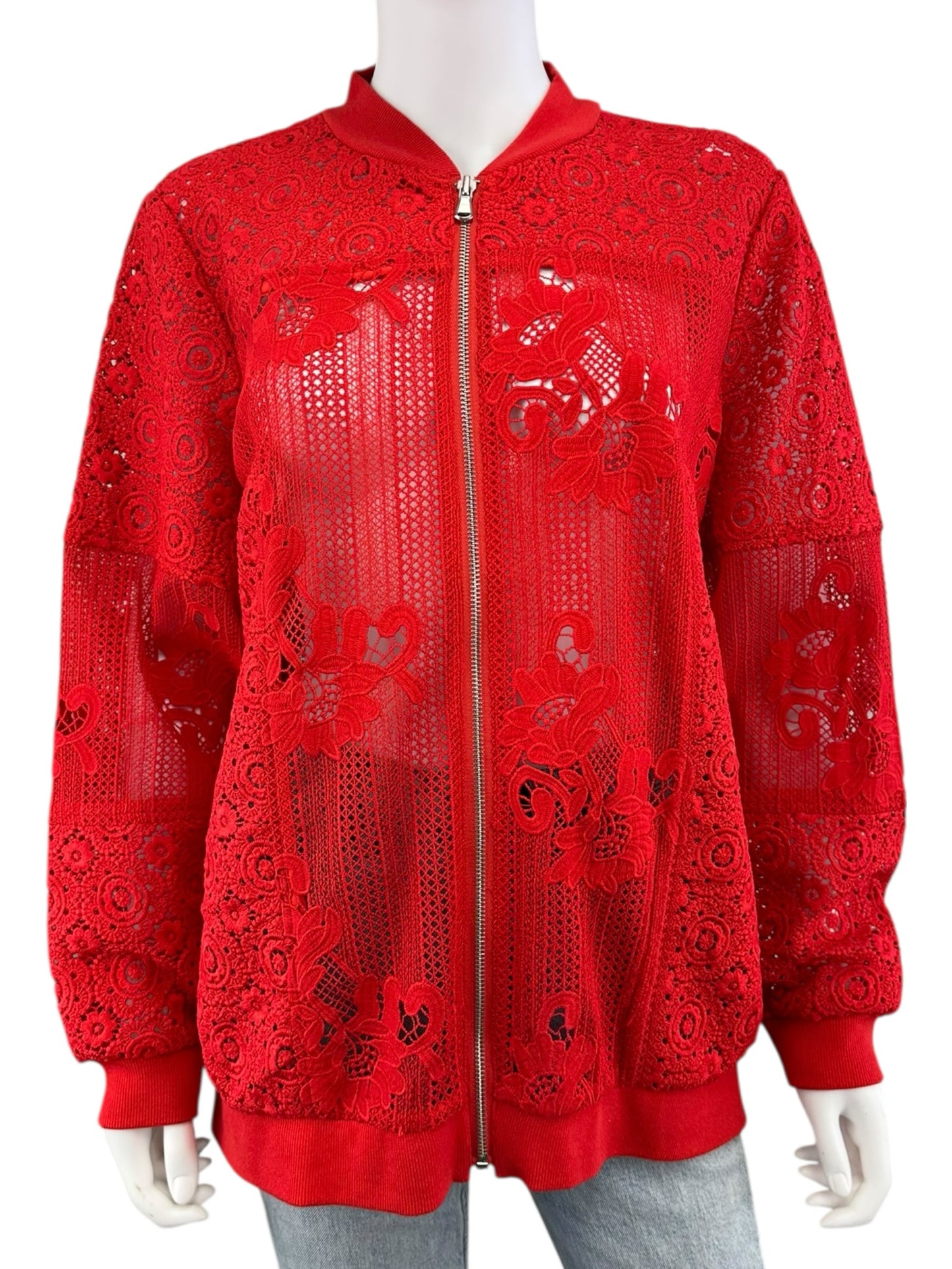 Chico's Red Eyelet Lace Bomber Jacket Size L