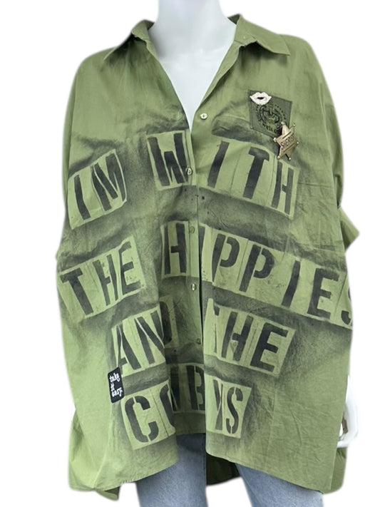 Custom Green Graphic Embellished Button-Down Shirt Size S