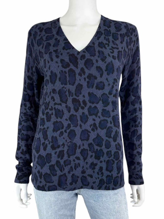 WHITE + WARREN Blue Leopard Print Cashmere Sweater Size S