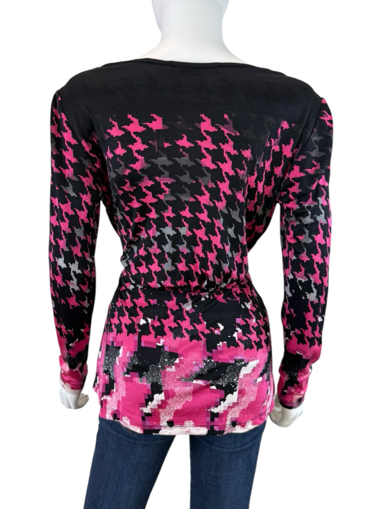 ETCETERA Pink Houndstooth 100% Silk Wrap Blouse Size M