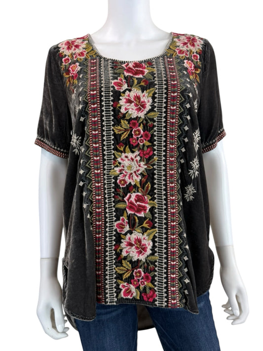 Johnny Was Gray Velvet Floral Embroidered Blouse Size S