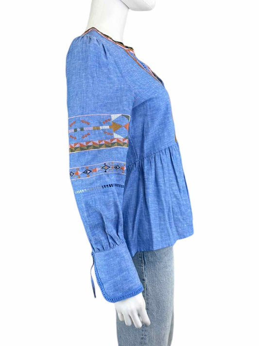 A Loves A Blue Linen Embroidered Blouse Size XS