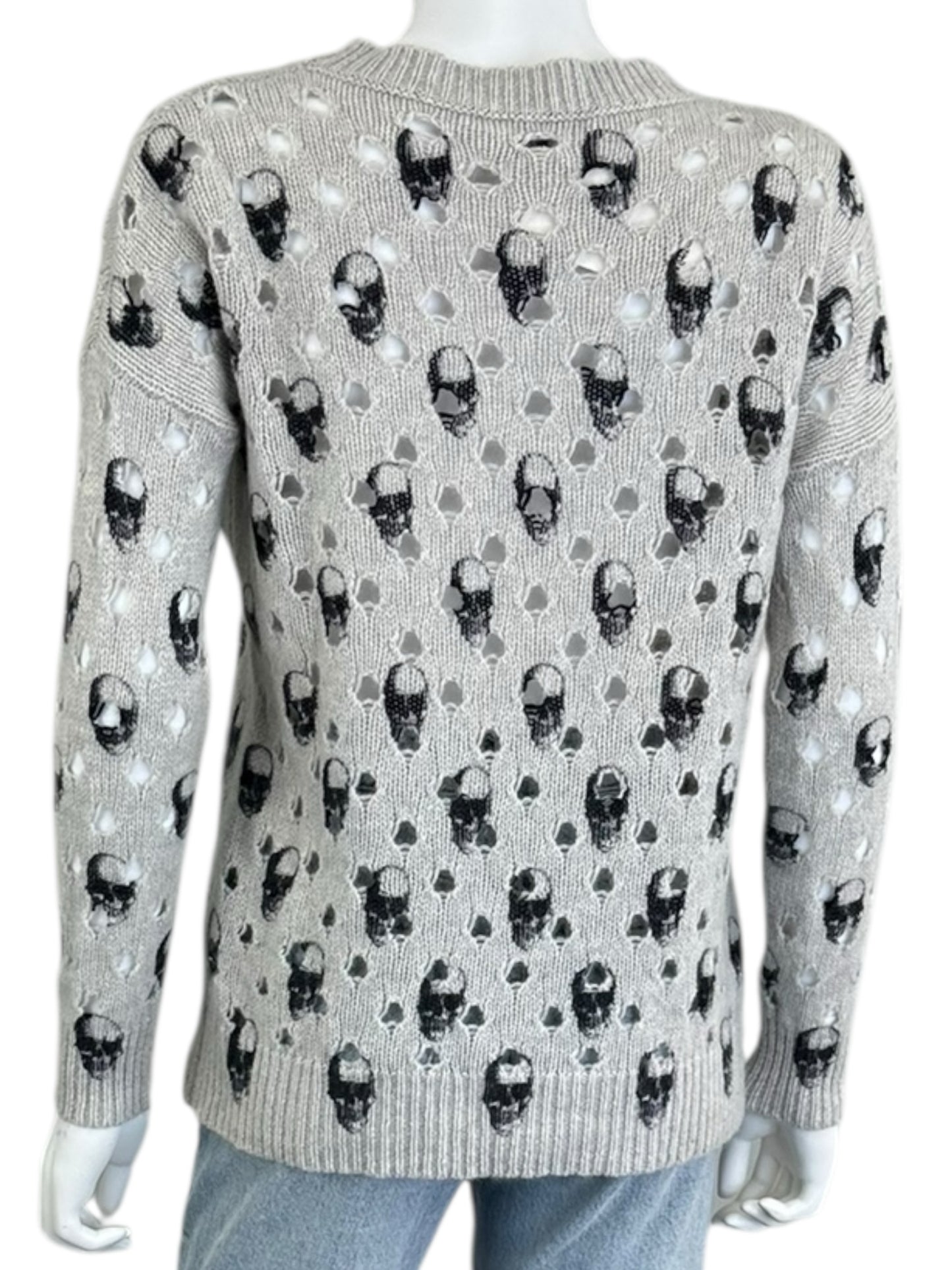 SKULL CASHMERE Gray Distressed 100% Cashmere Skull Sweater Size S