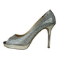 JIMMY CHOO Silver Luna 100 Champagne Glitter Platform Pumps Size 38