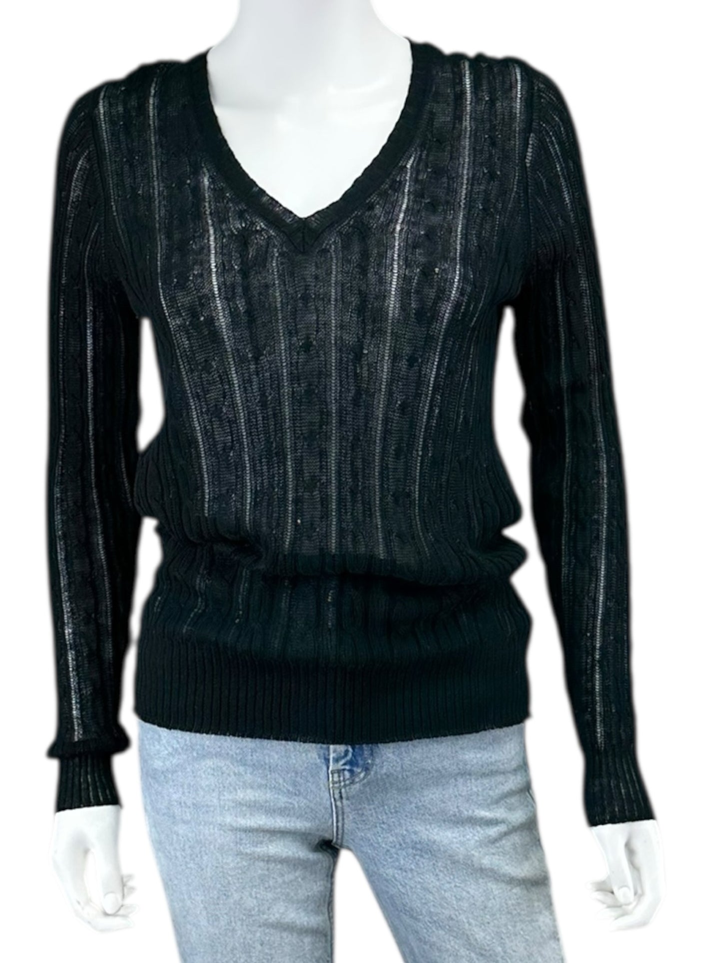 WHITE + WARREN Black 100% Linen Cable Knit Sweater Size M