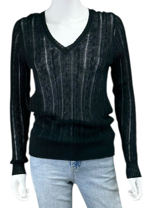 WHITE + WARREN Black 100% Linen Cable Knit Sweater Size M