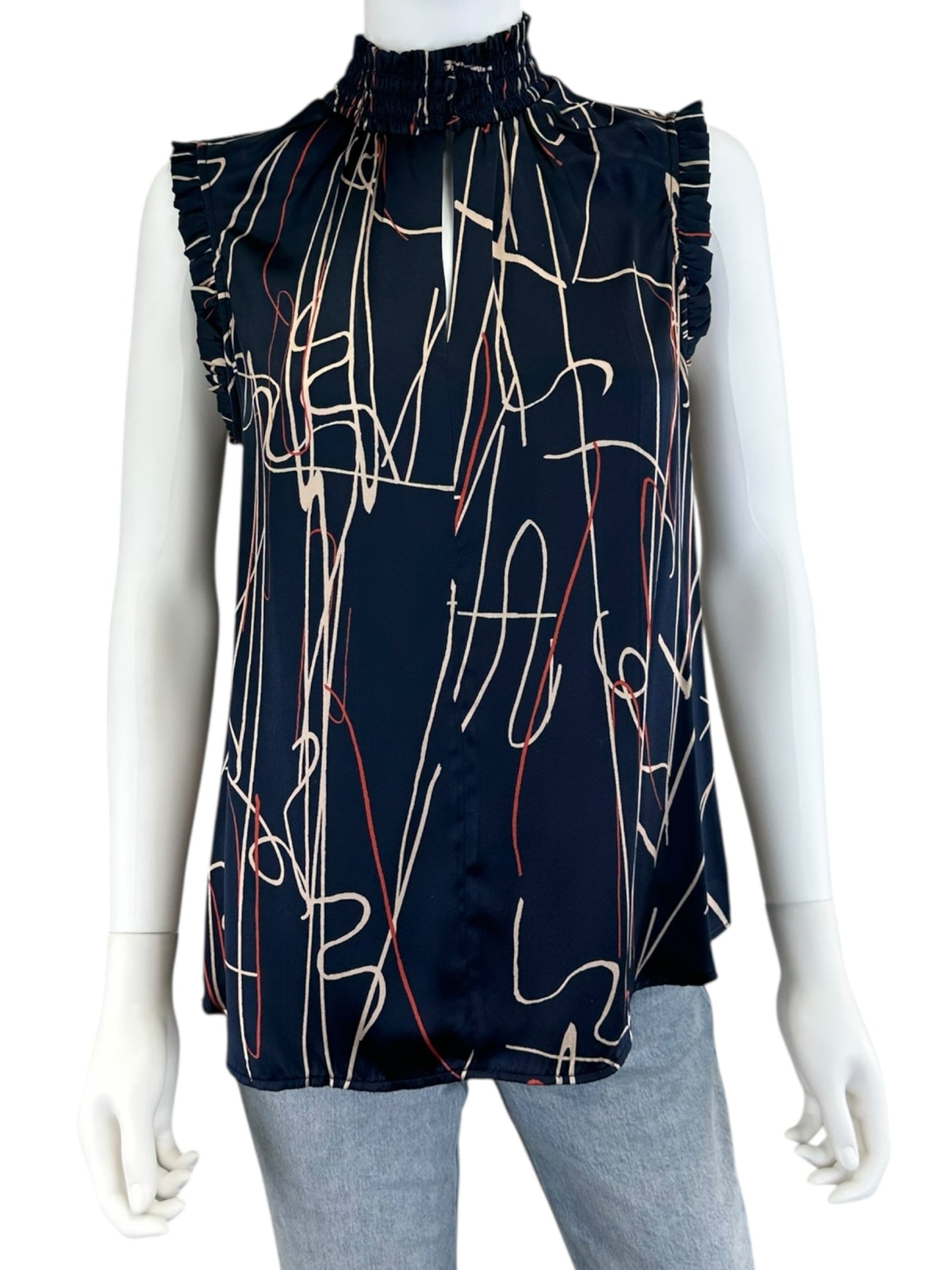 ecru Navy 100% Silk Print Blouse Size M