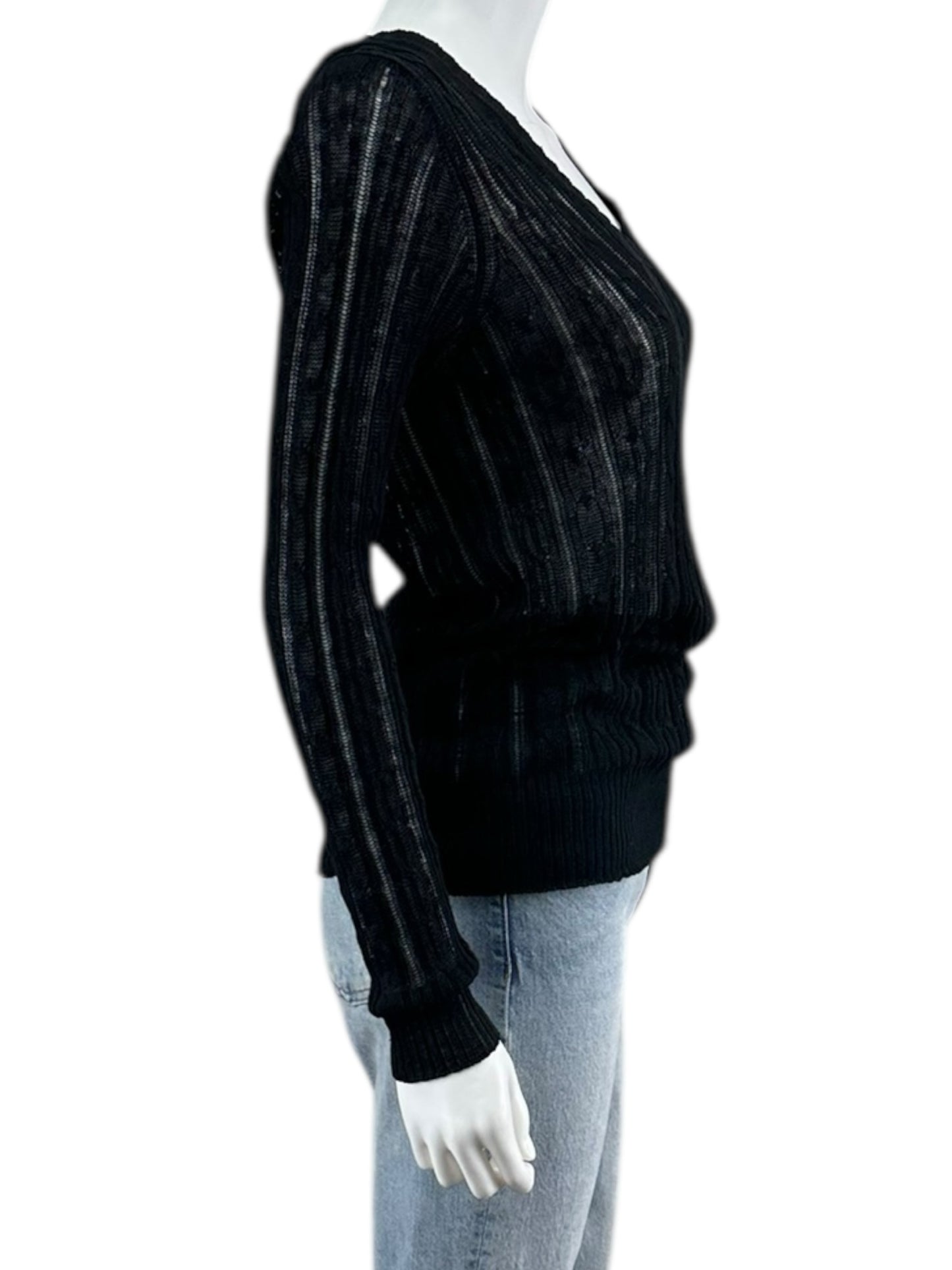 WHITE + WARREN Black 100% Linen Cable Knit Sweater Size M