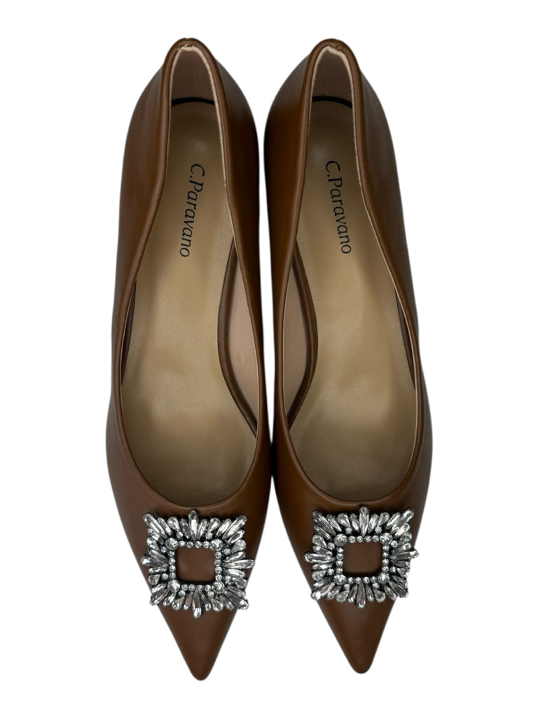 C.Paravano NWT Brown Crystal Buckle Kitten Heel Pumps Size 41