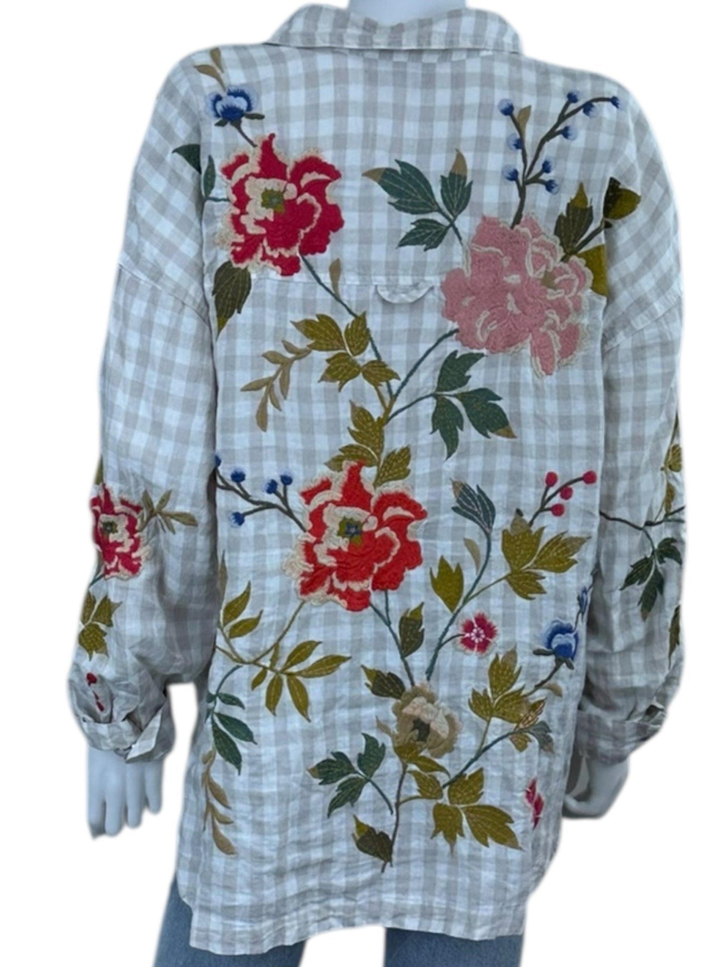 Johnny Was WORKSHOP 100% Linen Adele Gingham Check Button-Down Shirt Size L