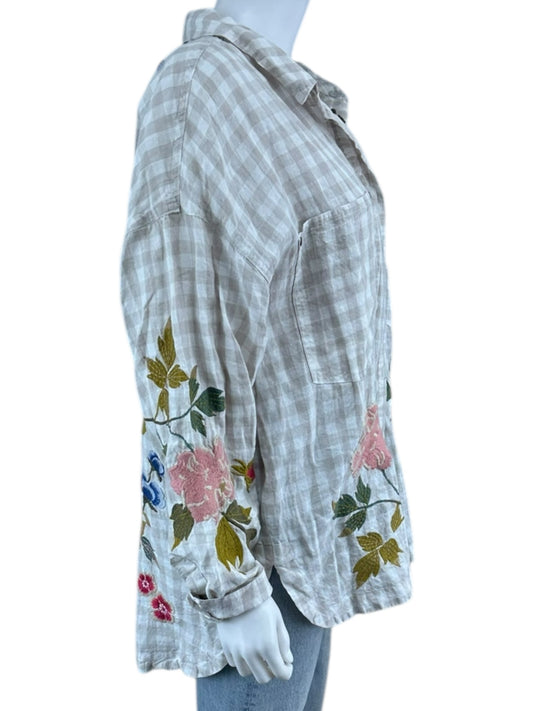 Johnny Was WORKSHOP 100% Linen Adele Gingham Check Button-Down Shirt Size L