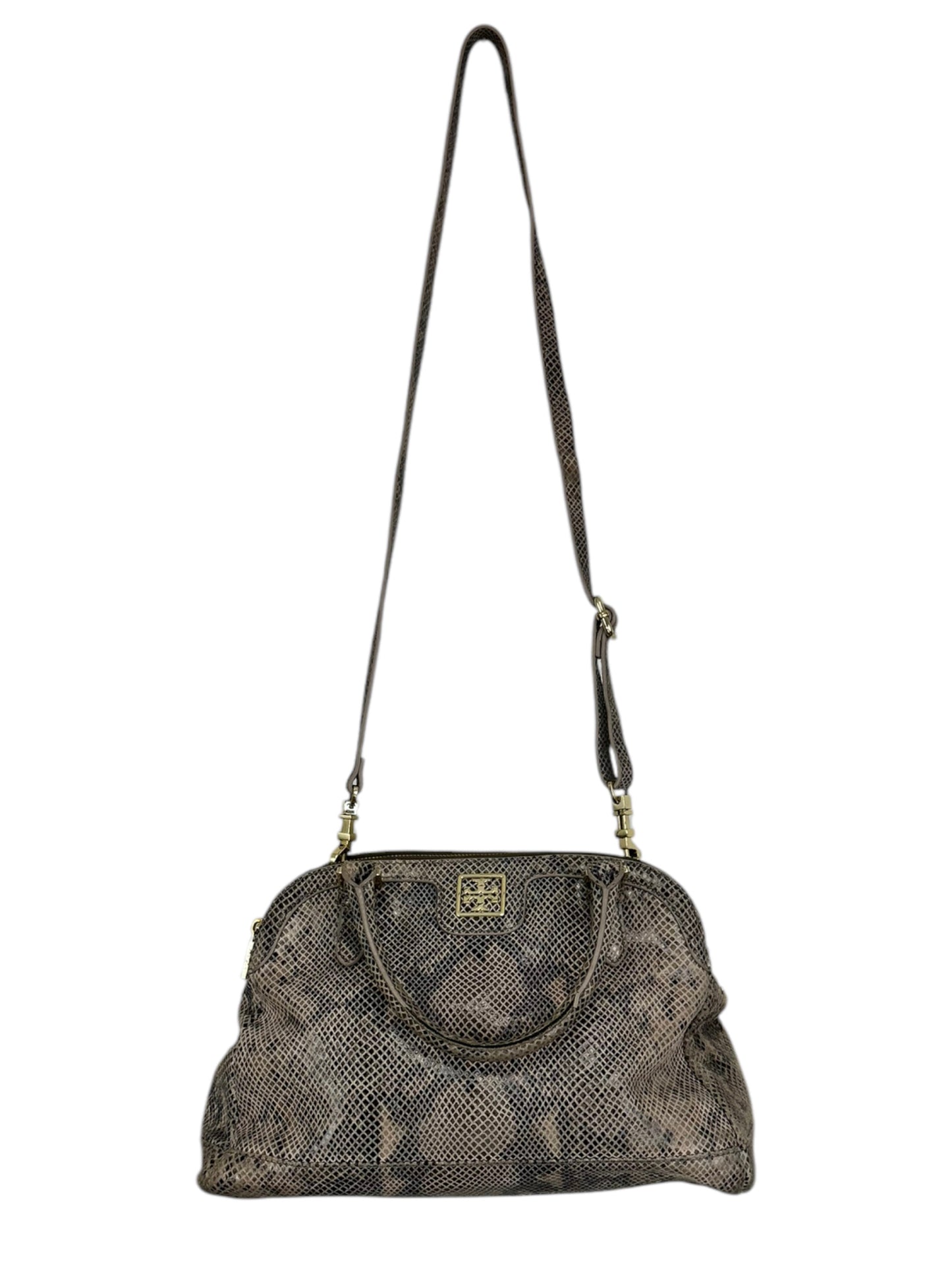 Tory Burch Brown Suede Snake Print Satchel Handbag