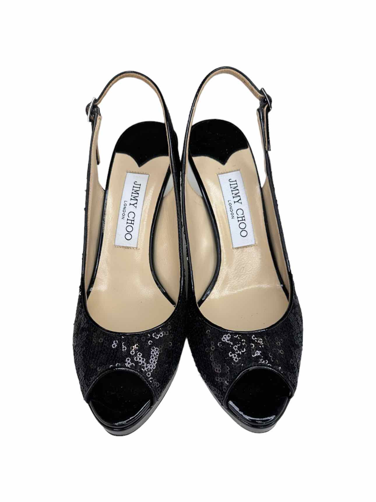 JIMMY CHOO Black Sequin Nova Glitter Slingback Pumps Size 38