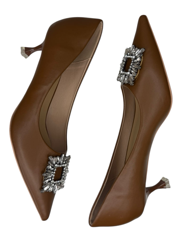 C.Paravano NWT Brown Crystal Buckle Kitten Heel Pumps Size 41