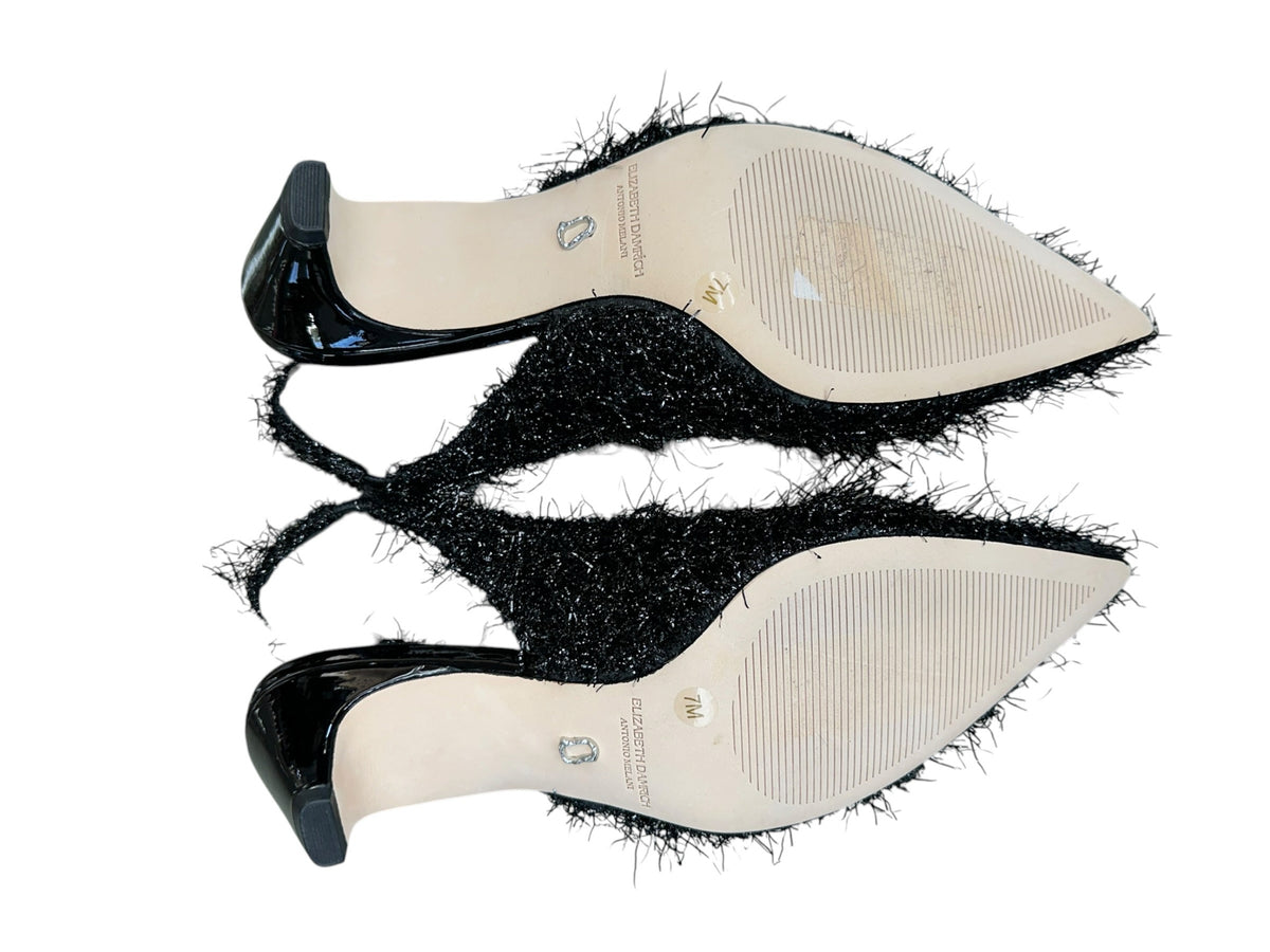 ELIZABETH DAMRICH x ANTONIO MELANI NEW Black Moon Boucle Ornamented Frayed Slingback Size 7