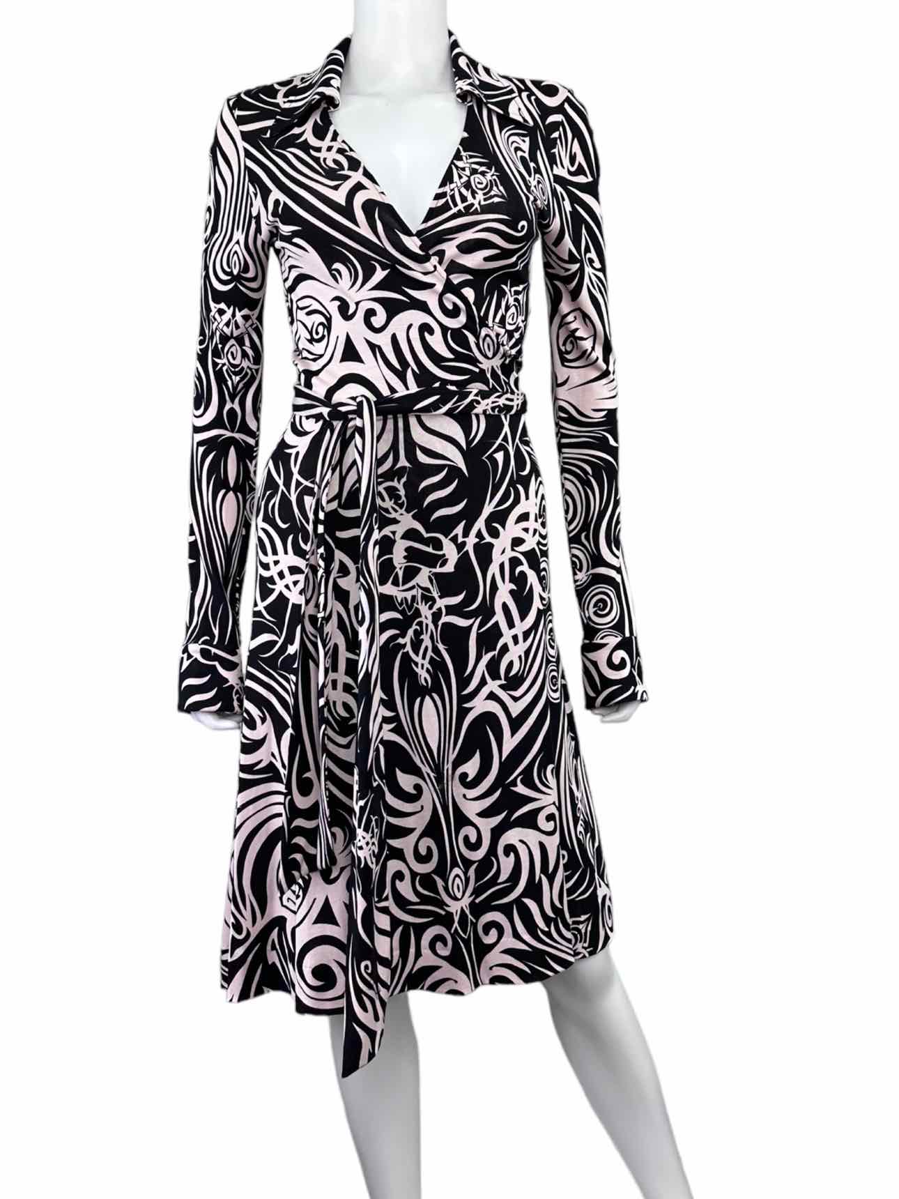 Diane von Furstenberg Black Swirl Silk Print Wrap Dress Size 4