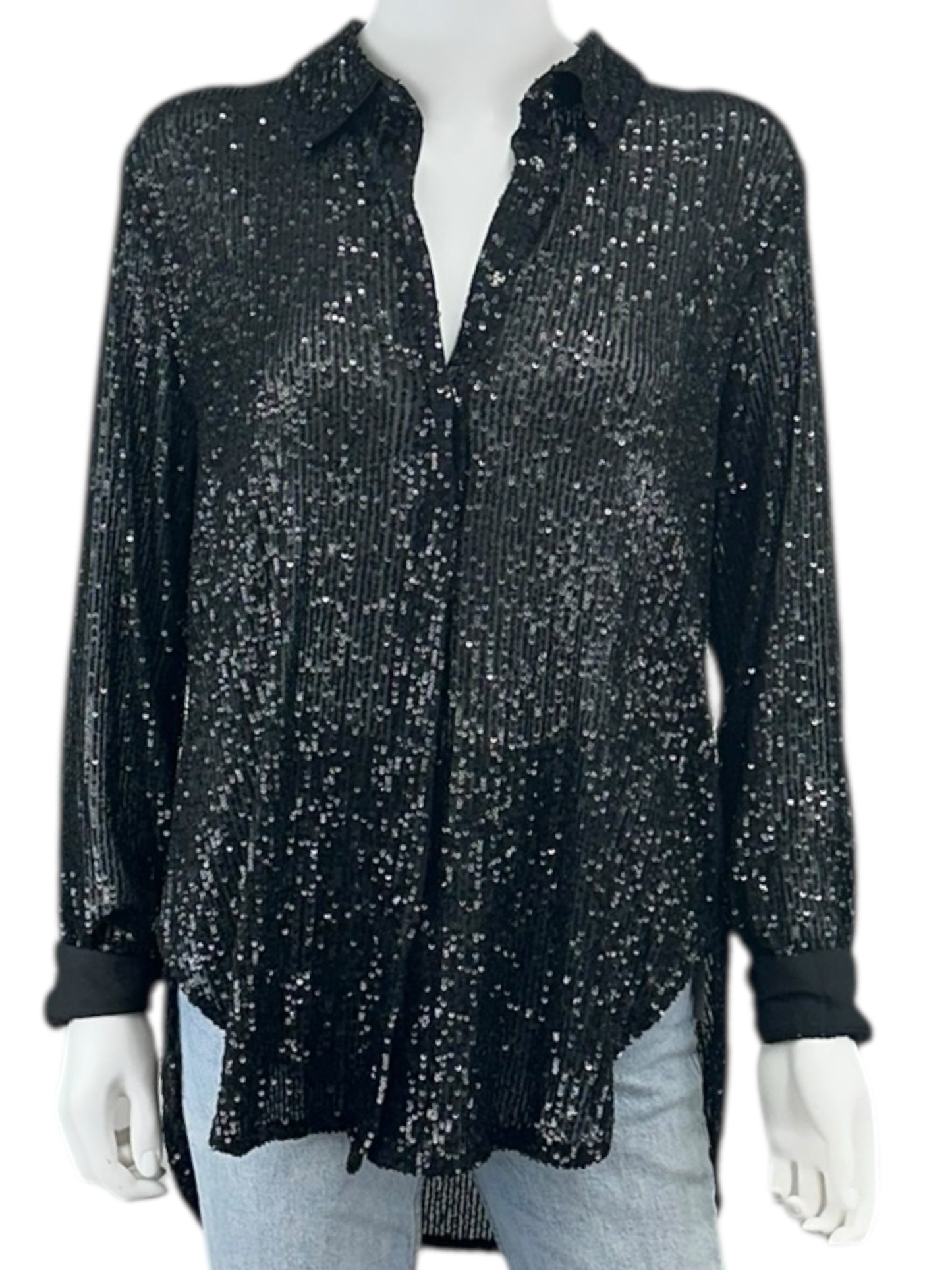 Calvin Klein Black Sequin Button-Down Shirt Size M