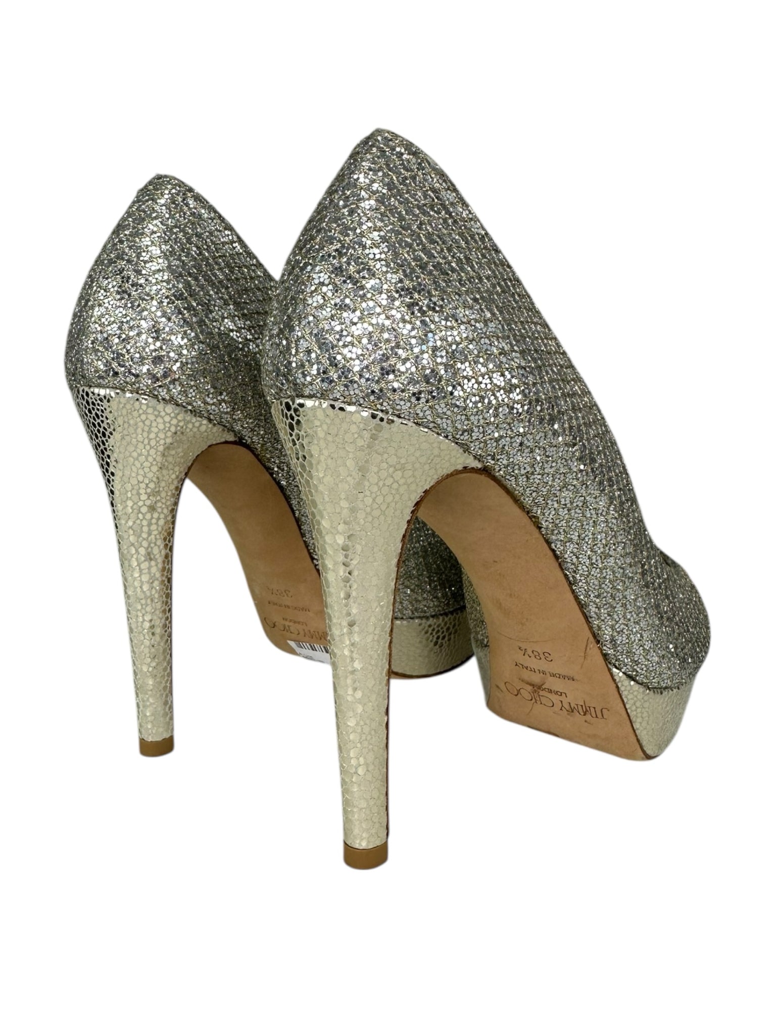 EU38.5 JIMMY CHOO ハイヒール ゴールド/シルバー 美品395A Jimmy Choo Gold Glitter Louise Strappy Sandals Size 38 Jimmy