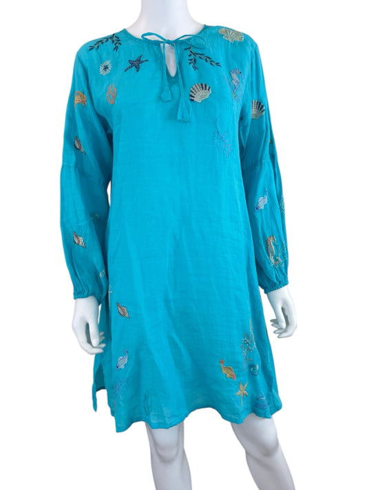 Johnny Was Aqua Embroidered Ocean Life Tunic Dress Size S