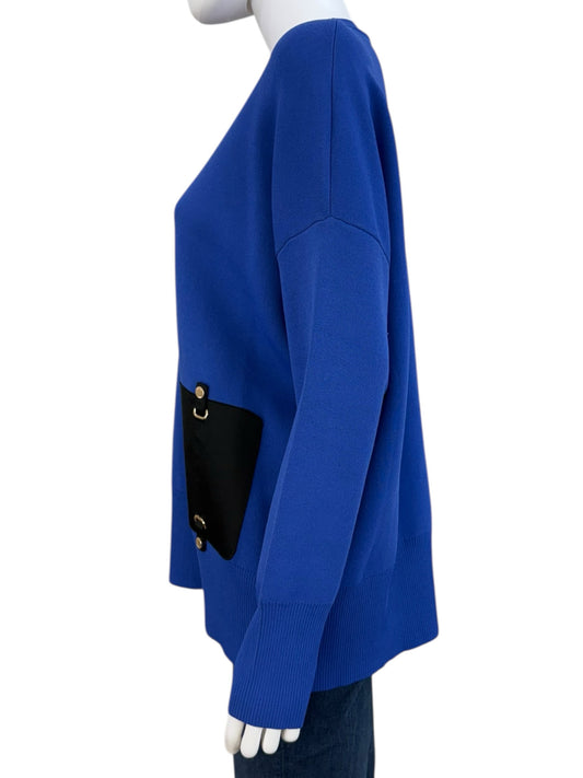 Aleeza Paris NWT Aurora Satin Pocket Royal Blue Sweater Size XL